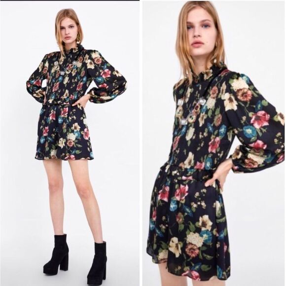 Zara Pants - ZARA Multicolor Floral Romper Long Sleeve Chiffon Black Small